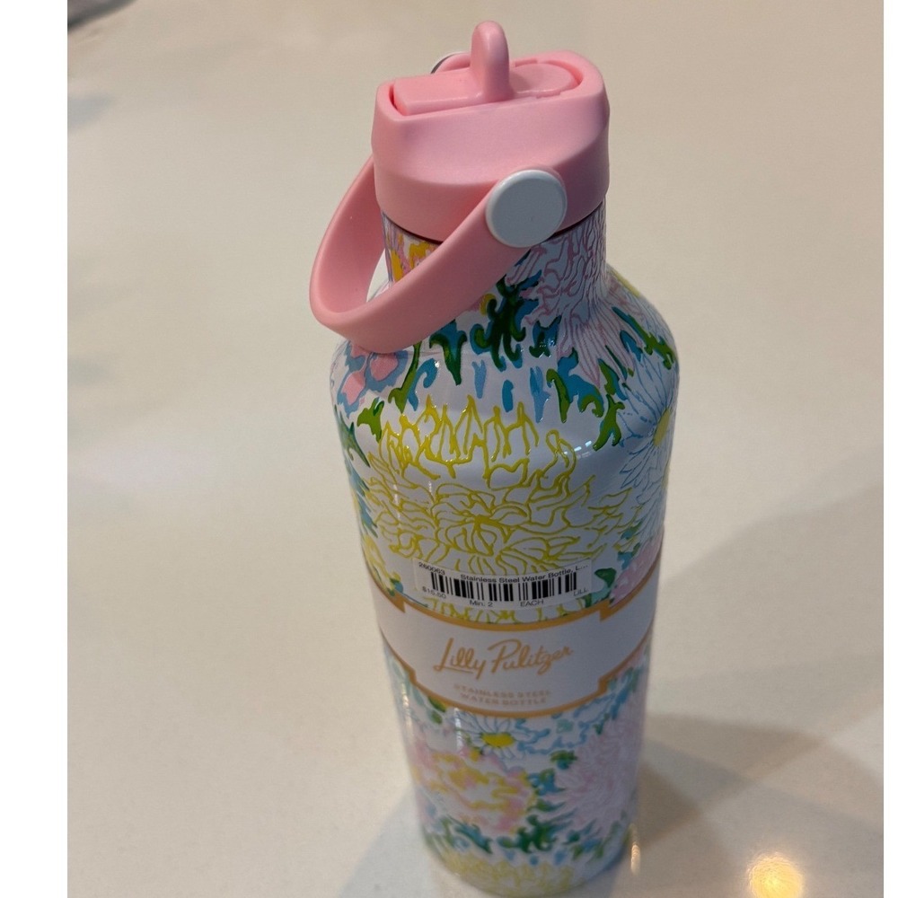 Lilly Pulitzer Floral Stainless Steel Water Bottle Pink Straw Lid 17oz NEW